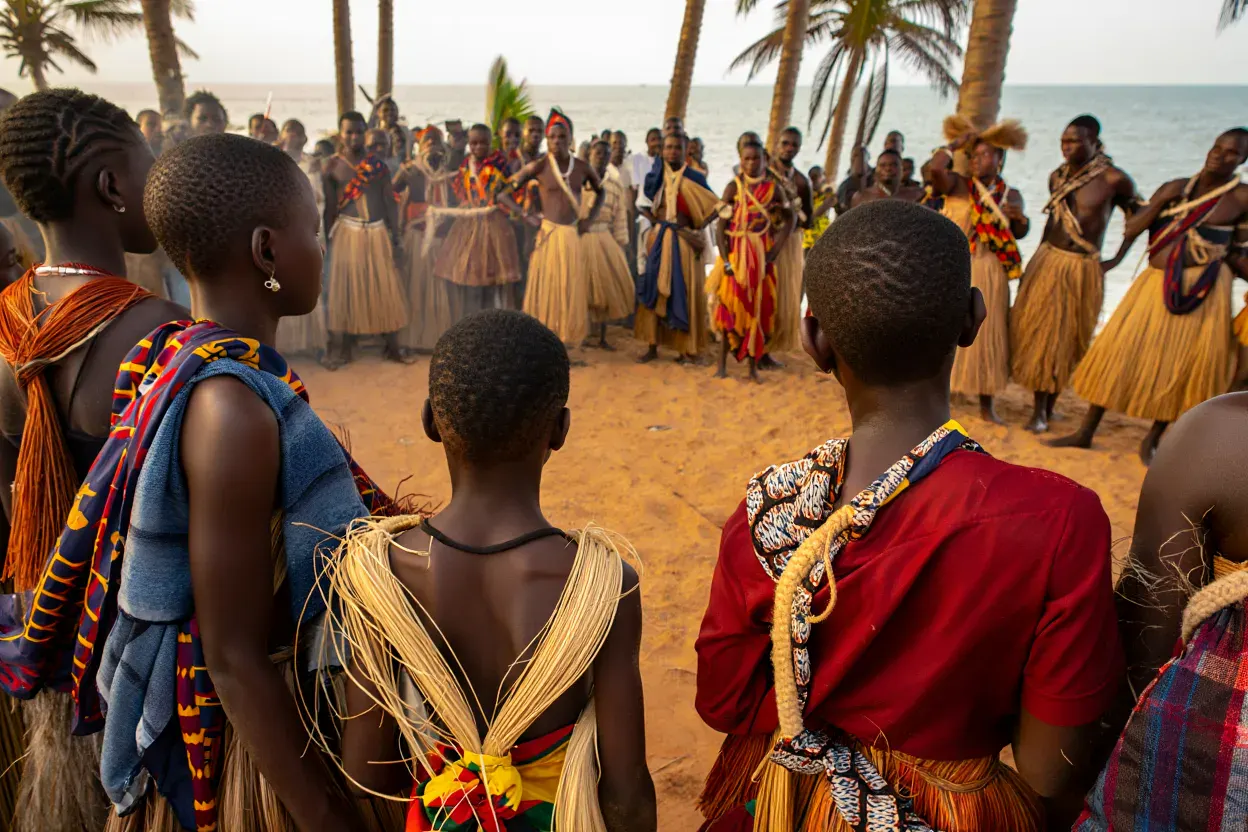 Cérémonie traditionnelle sur une plage du golfe de Guinée au Bénin, danseurs en costumes de raphia colorés, lumière dorée de fin de journée