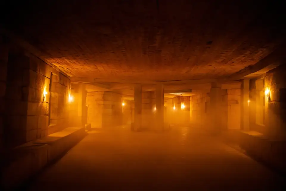 Galeries souterraines des Catacombes de Paris, éclairage chaleureux sur les murs de calcaire et les ossements alignés