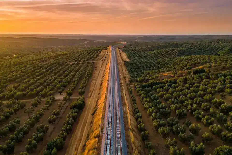 Voies de train à grande vitesse traversant les plaines d'Andalousie avec des oliviers et un ciel dramatique au crépuscule