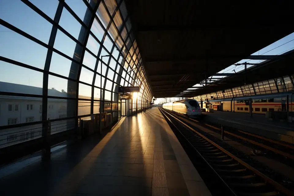 Quai de gare européenne moderne à l'heure dorée, train à grande vitesse en attente, perspective des voies ferrées convergentes