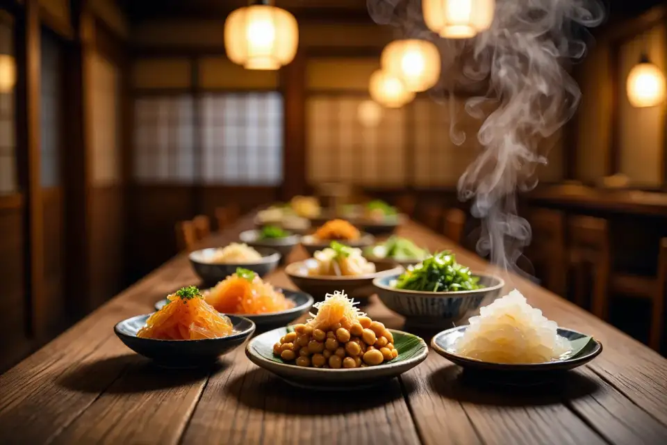 Comptoir de bois d'un izakaya japonais avec des petites assiettes en céramique contenant du natto, du shirako en tempura et du warabi mochi translucide, éclairage chaleureux de lanternes
