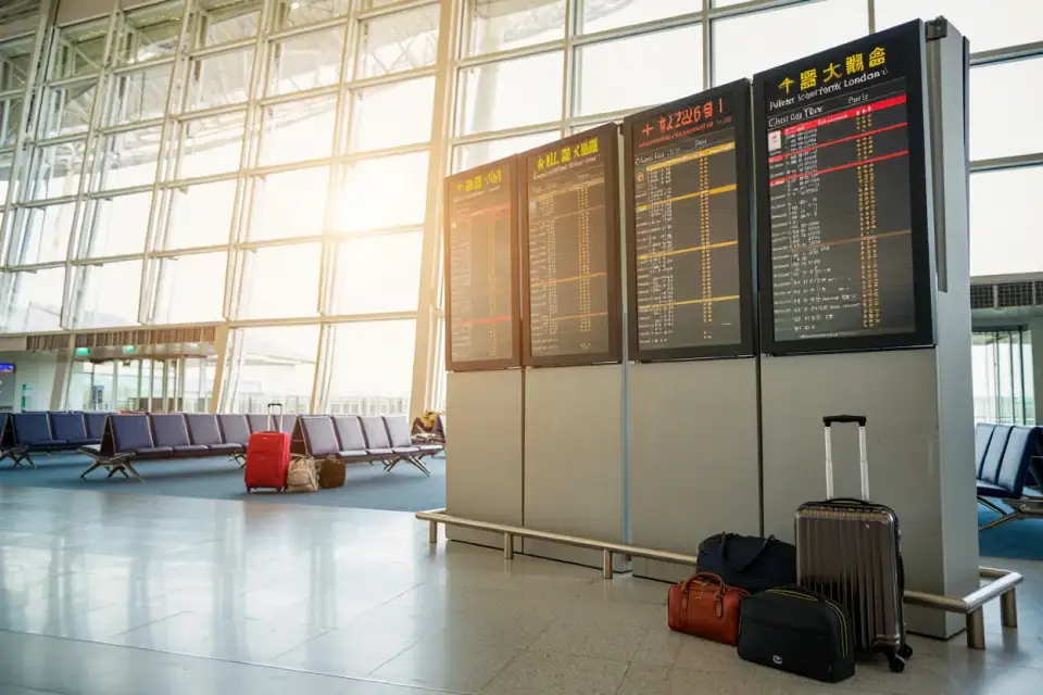 Hall d'aéroport avec panneaux d'affichage des vols et valises de voyageurs en attente