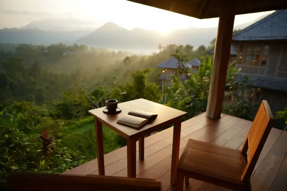 Terrasse en bois d'un écolodge face à des montagnes tropicales dans la brume matinale, lumière dorée de l'aube, tasse sur une table en bois, atmosphère sereine